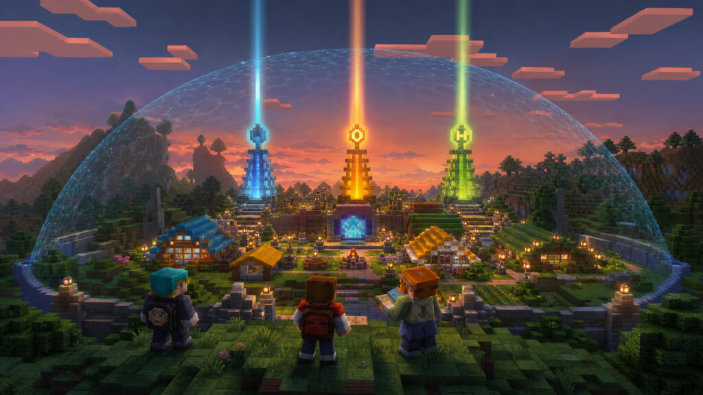 Защитный купол и лагерь проекта Последний блок в Minecraft