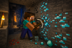 Добыча алмазов в пещере Minecraft