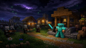 Рейд в деревне Minecraft ночью: игрок в алмазной броне защищает жителей от разбойников