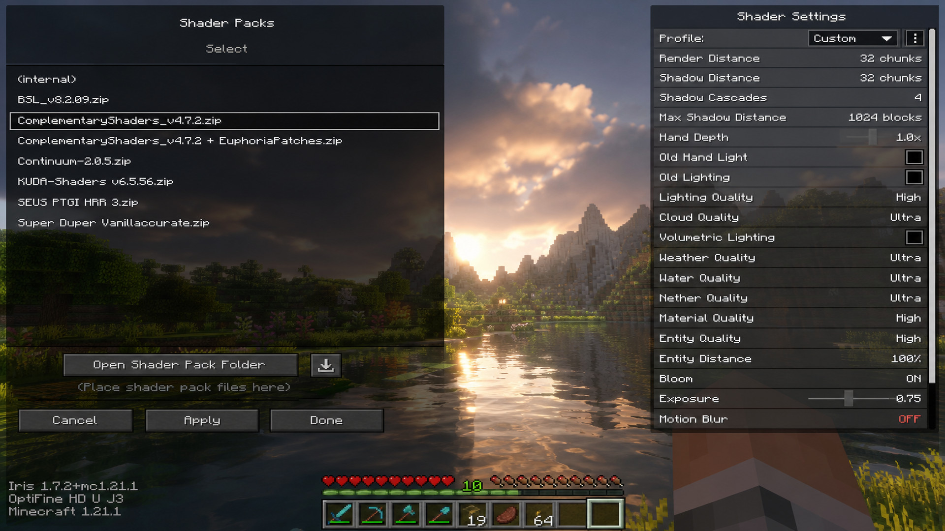 Меню настройки шейдеров OptiFine в Minecraft Java Edition