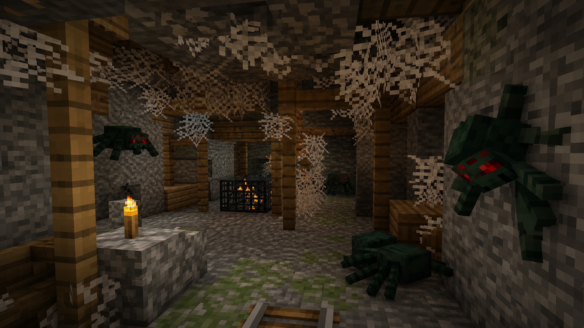 Пещерные пауки и паутина в заброшенной шахте Minecraft