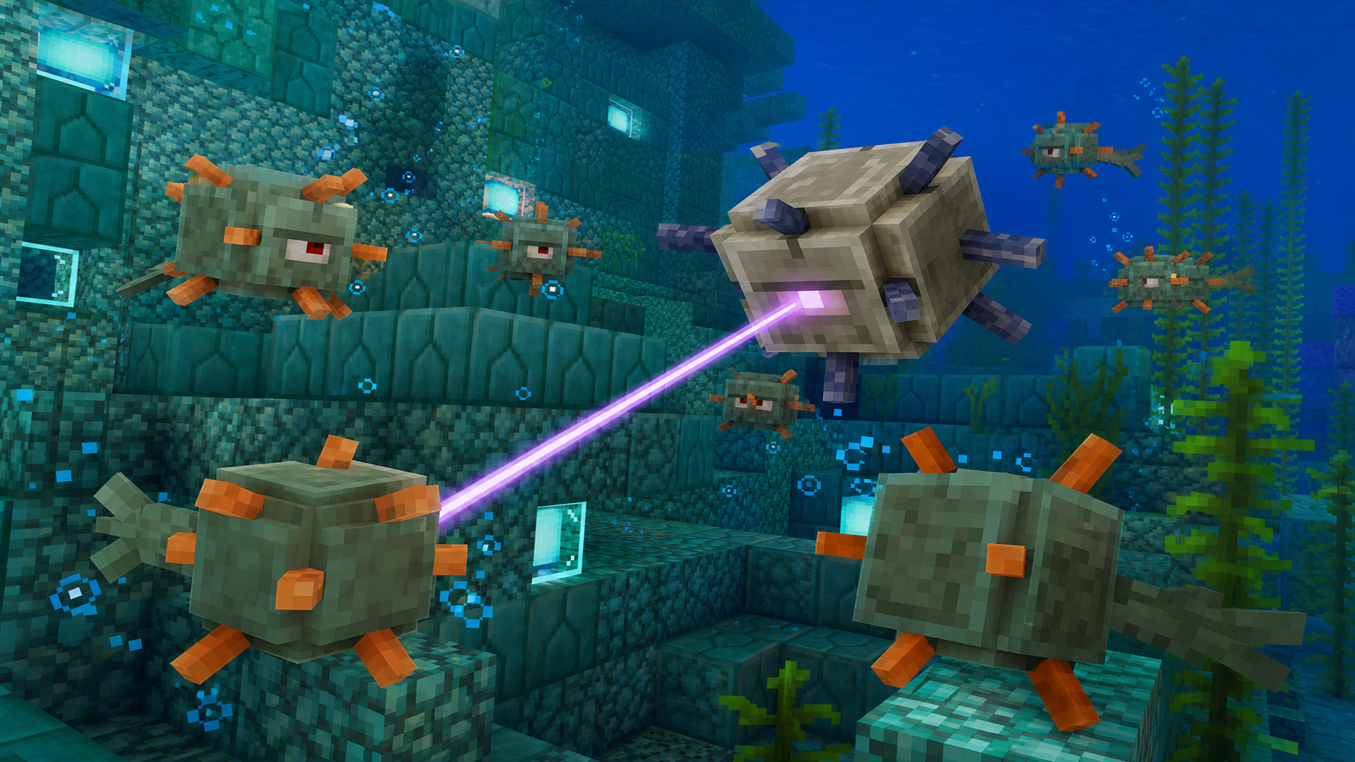 Стражи и древний страж у подводной крепости Minecraft