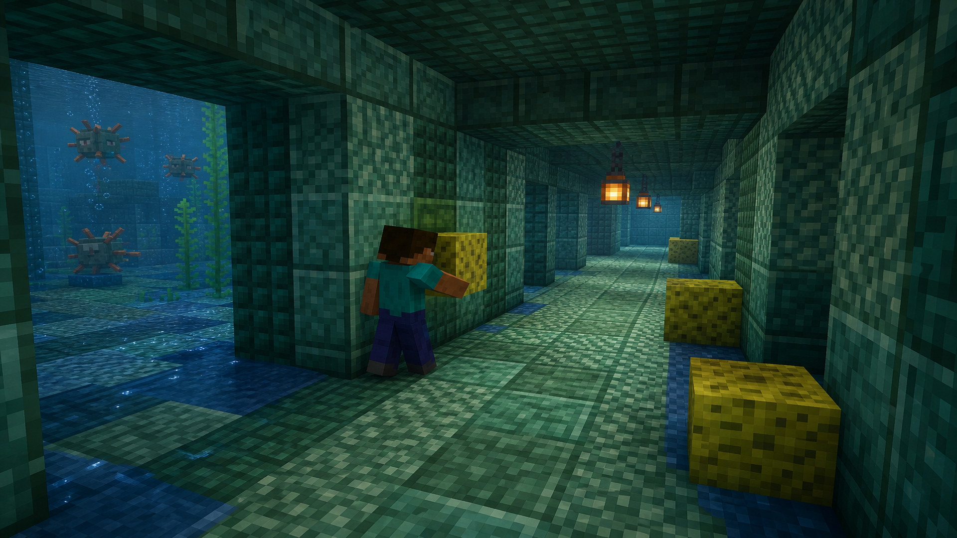 Губки осушают коридор подводной крепости Minecraft