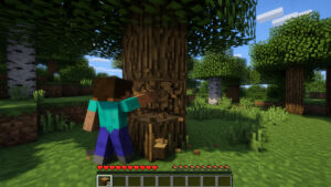 Первый день в Minecraft — игрок рубит дерево в лесу