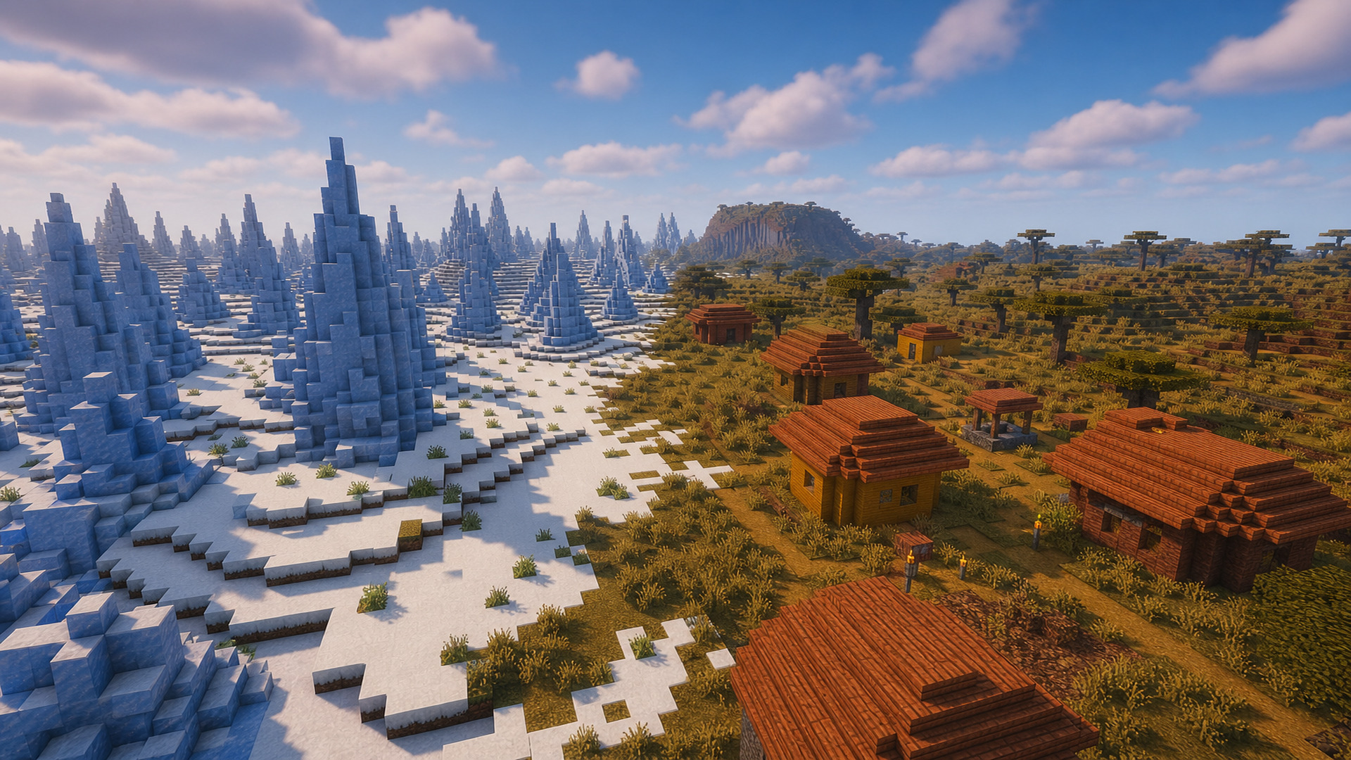 Ice spikes biome и savanna village на границе — сид для выживания 1.21