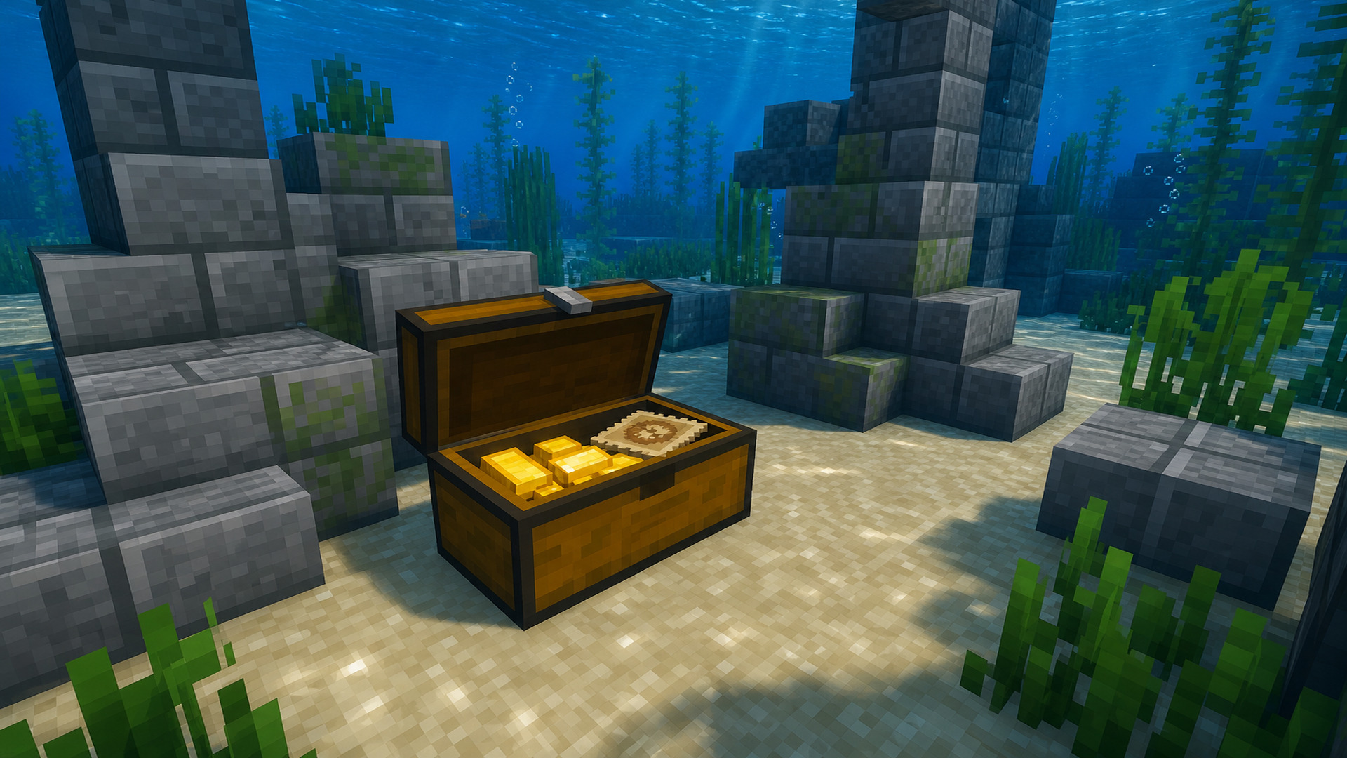 Открытый сундук с добычей в подводных руинах Minecraft