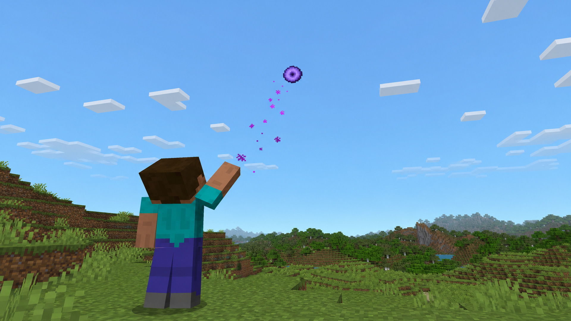 Игрок бросает глаз Эндера над миром Minecraft