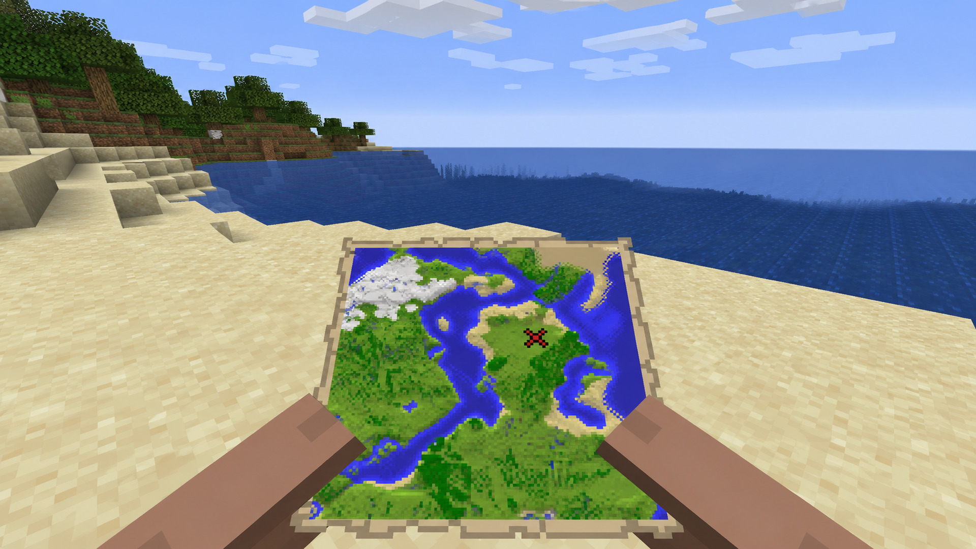 Игрок смотрит на карту сокровищ с красным крестом в Minecraft