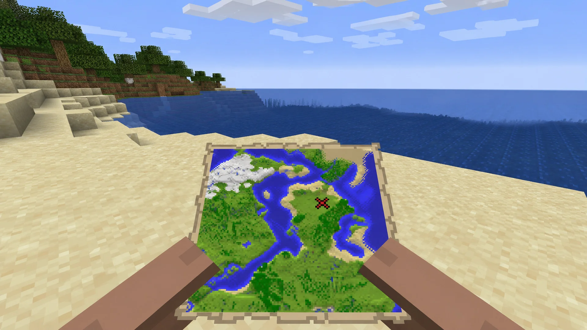 Игрок смотрит на карту сокровищ с красным крестом в Minecraft
