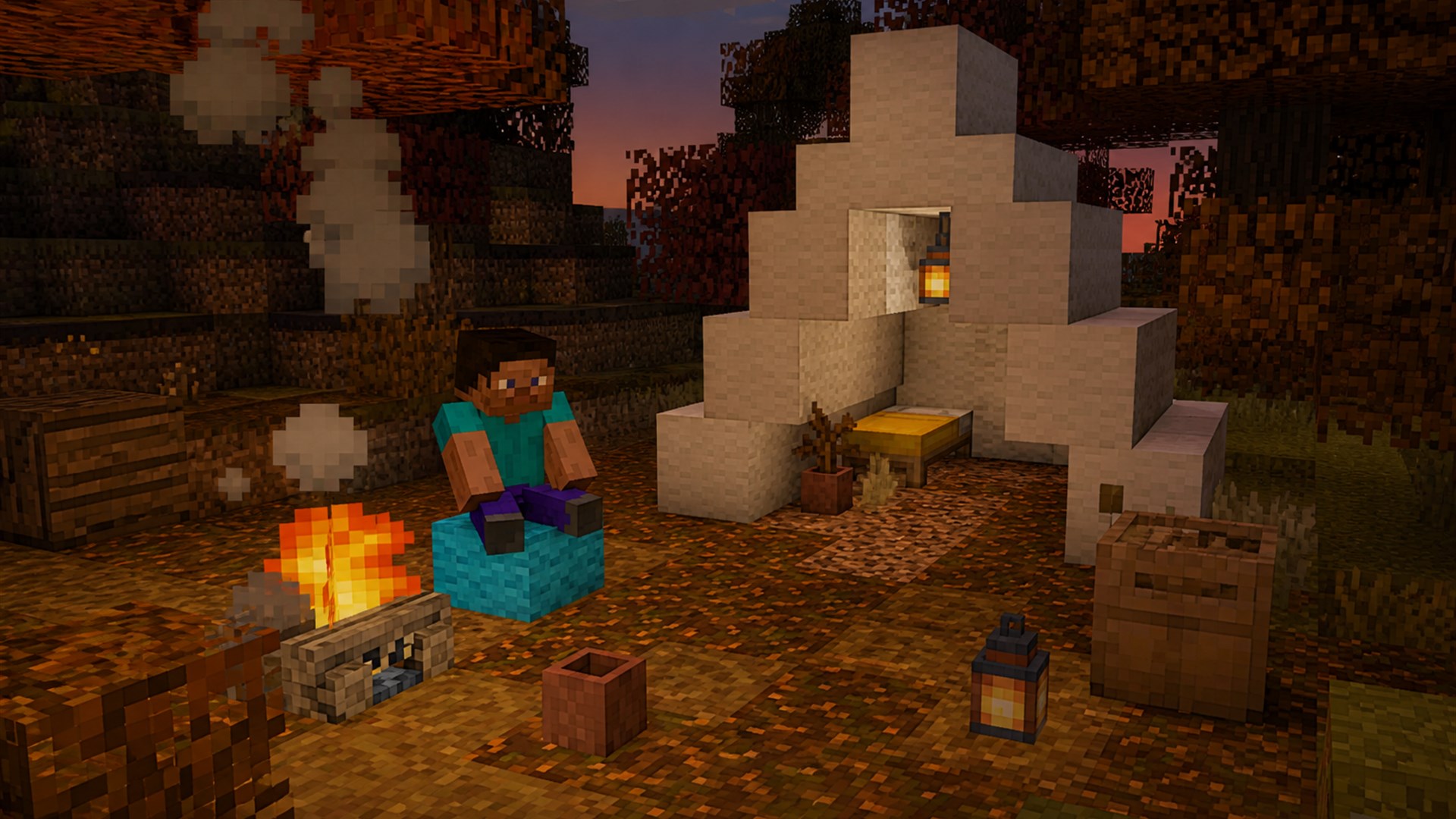 Игрок сидит на подушке у костра в заброшенном лагере Minecraft