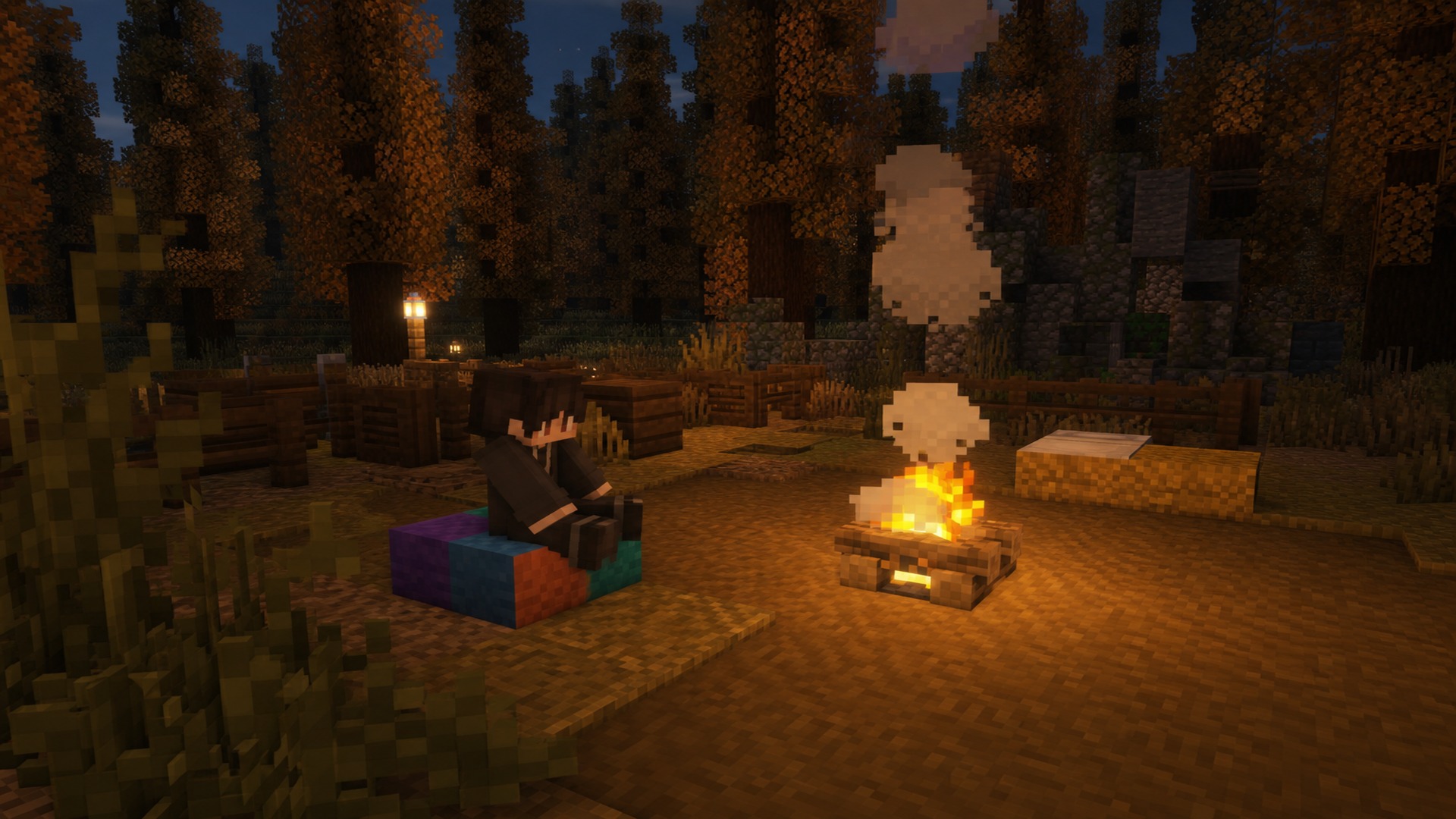 Игрок сидит на подушке у костра в заброшенном лагере Minecraft