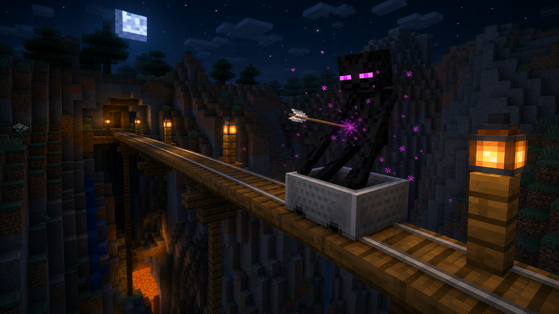 Эндермен в вагонетке получает урон от стрелы в Minecraft Java