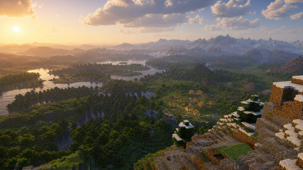 Minecraft 26.3 Snapshot 9 — дальний вид мира Realms на закате