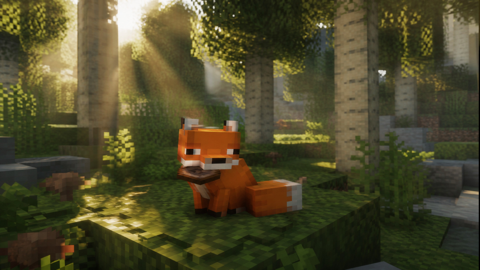 Лиса в Minecraft держит полочный гриб — без клиппинга сквозь морду