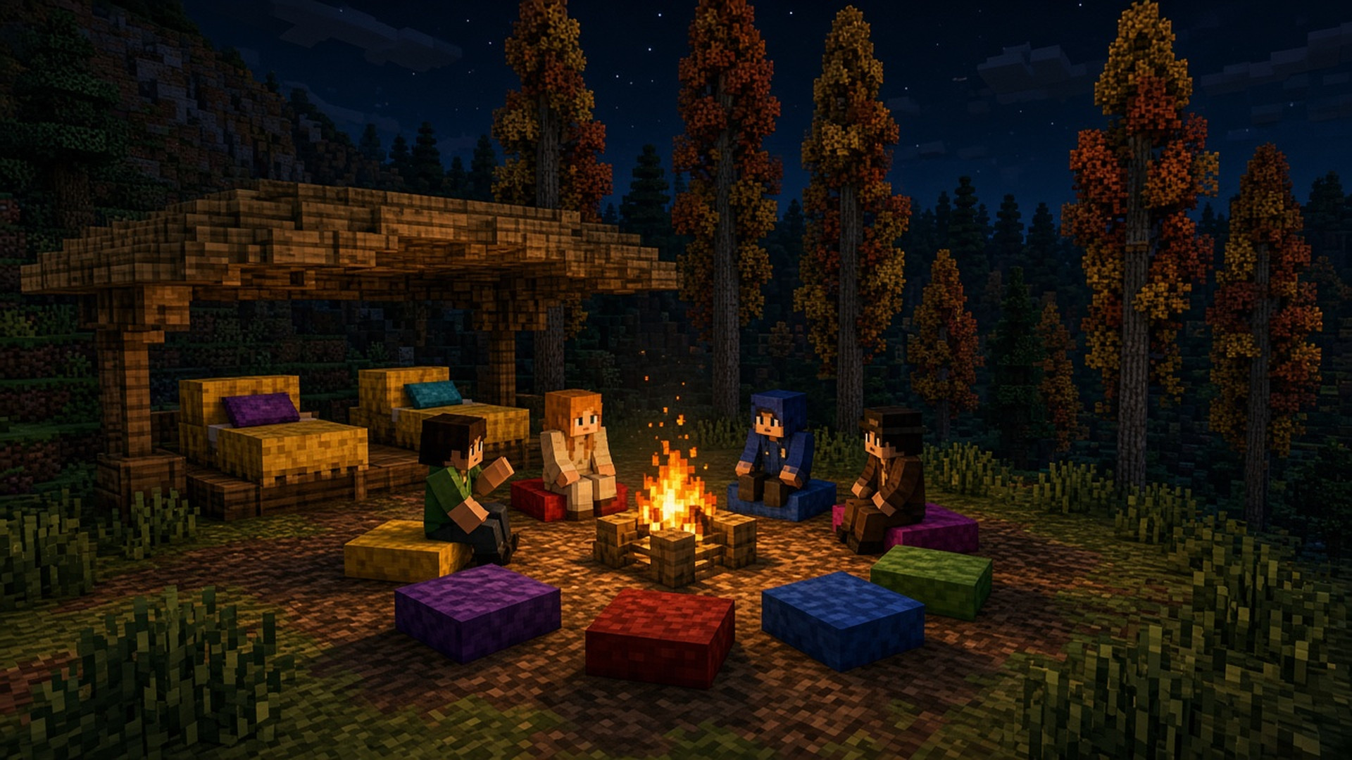 Соломенные кровати и цветные подушки у костра в Minecraft Java 26.3
