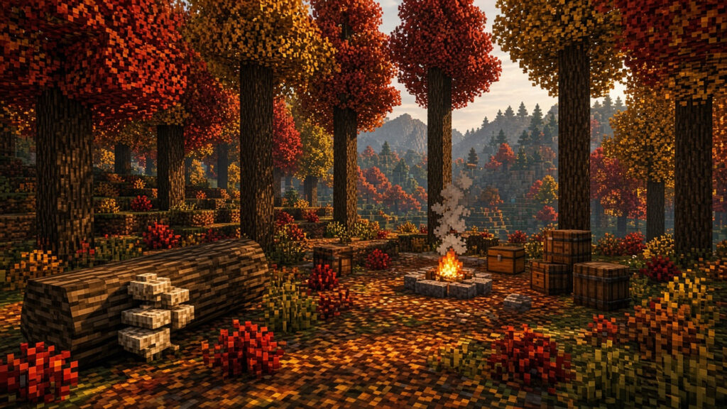 Minecraft Java 26.3 Wilderness Bound — пёстрый лес с тополями и заброшенным лагерем