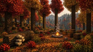 Minecraft Java 26.3 Wilderness Bound — пёстрый лес с тополями и заброшенным лагерем