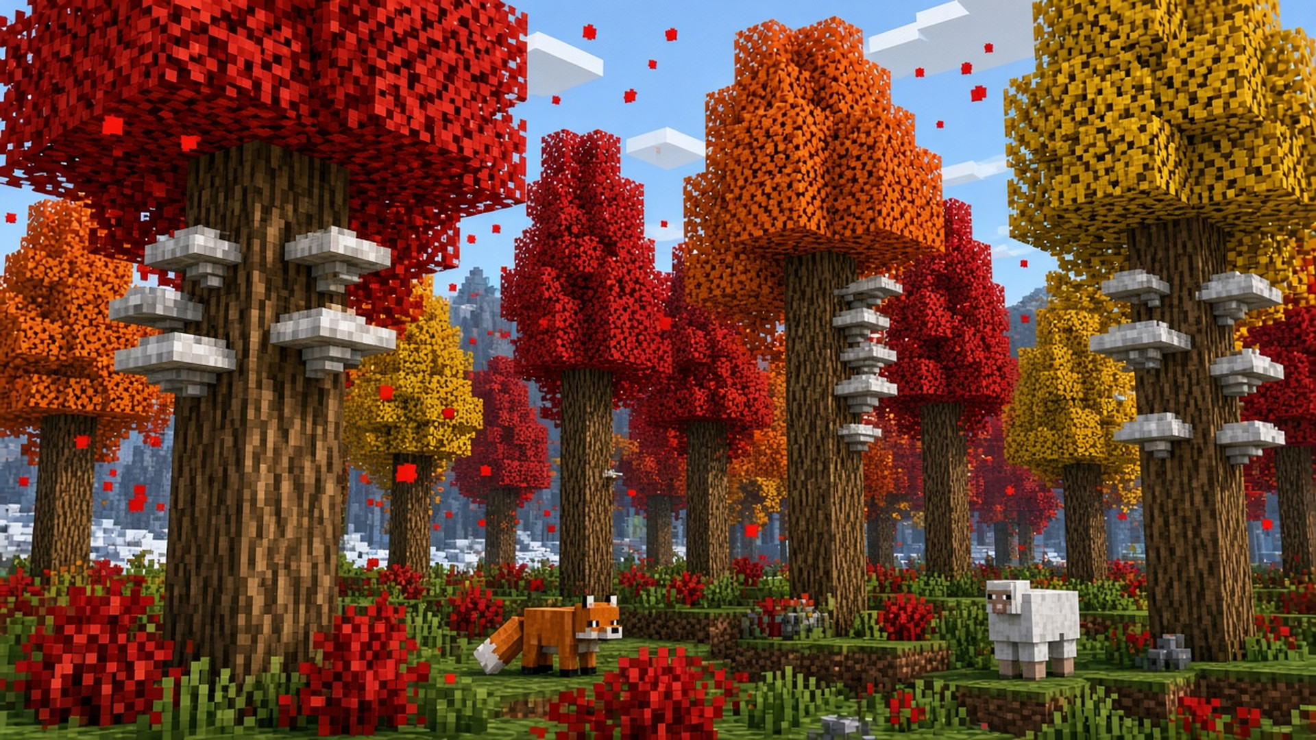 Тополи с красной, оранжевой и жёлтой листвой и полочные грибы в Minecraft Java 26.3
